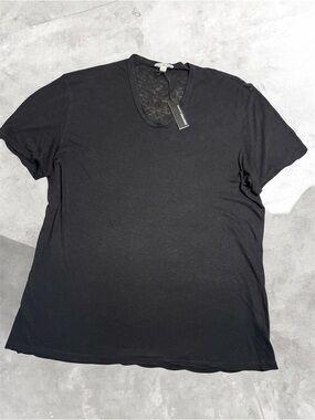 NWT James Perse Linen Cotton Short Sleeve Distressed Black V-Neck T-Shirt Sz 2 M